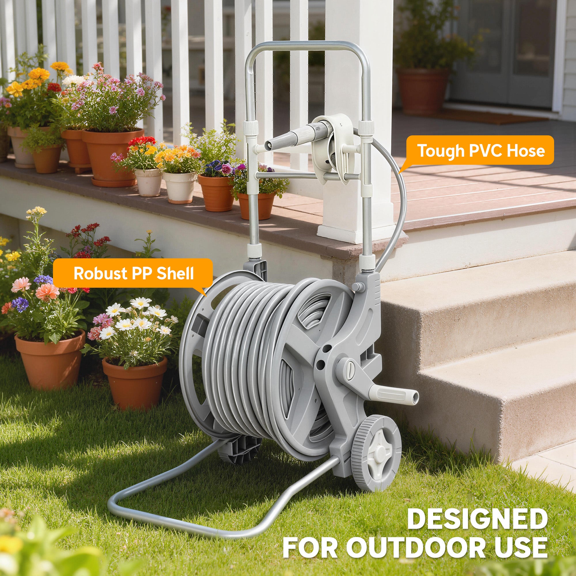 Hose Reel Cart with 148 ft Hose, 2-Mode Spray Nozzle, Faucet Adapter, Hose Guide & Crank — Garden Hose Reel for Yard & Balcony, 17.7 x 17.3 x 30.7 in, Gray