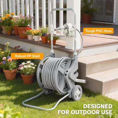 Hose Reel Cart with 148 ft Hose, 2-Mode Spray Nozzle, Faucet Adapter, Hose Guide & Crank — Garden Hose Reel for Yard & Balcony, 17.7 x 17.3 x 30.7 in, Gray