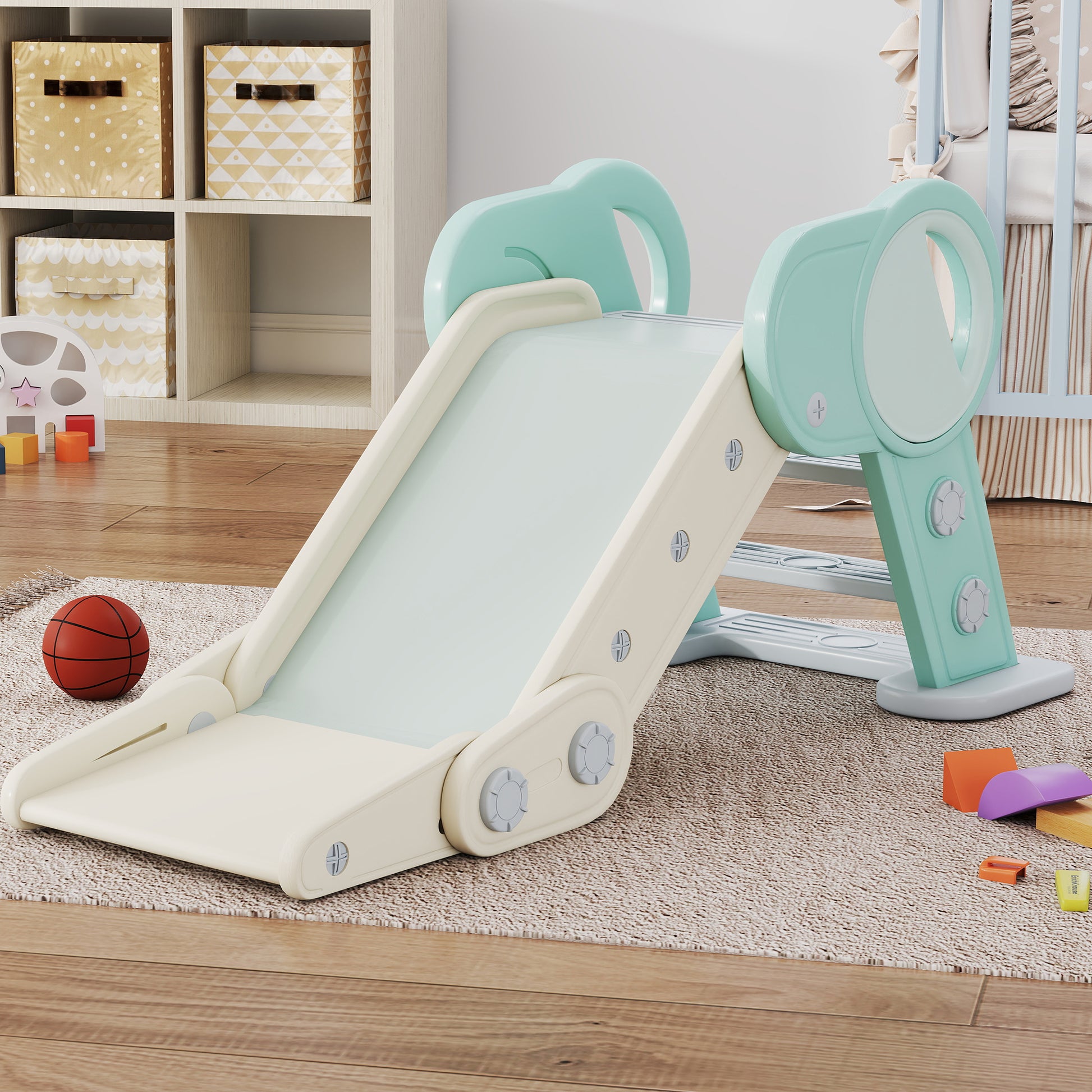 Kids Slide, Foldable Toddler Slide, Slide for Children 1.5 to 3 Years, Garden Slide for Indoor, Outdoor, Green, White, 120 x 53 x 53 cm