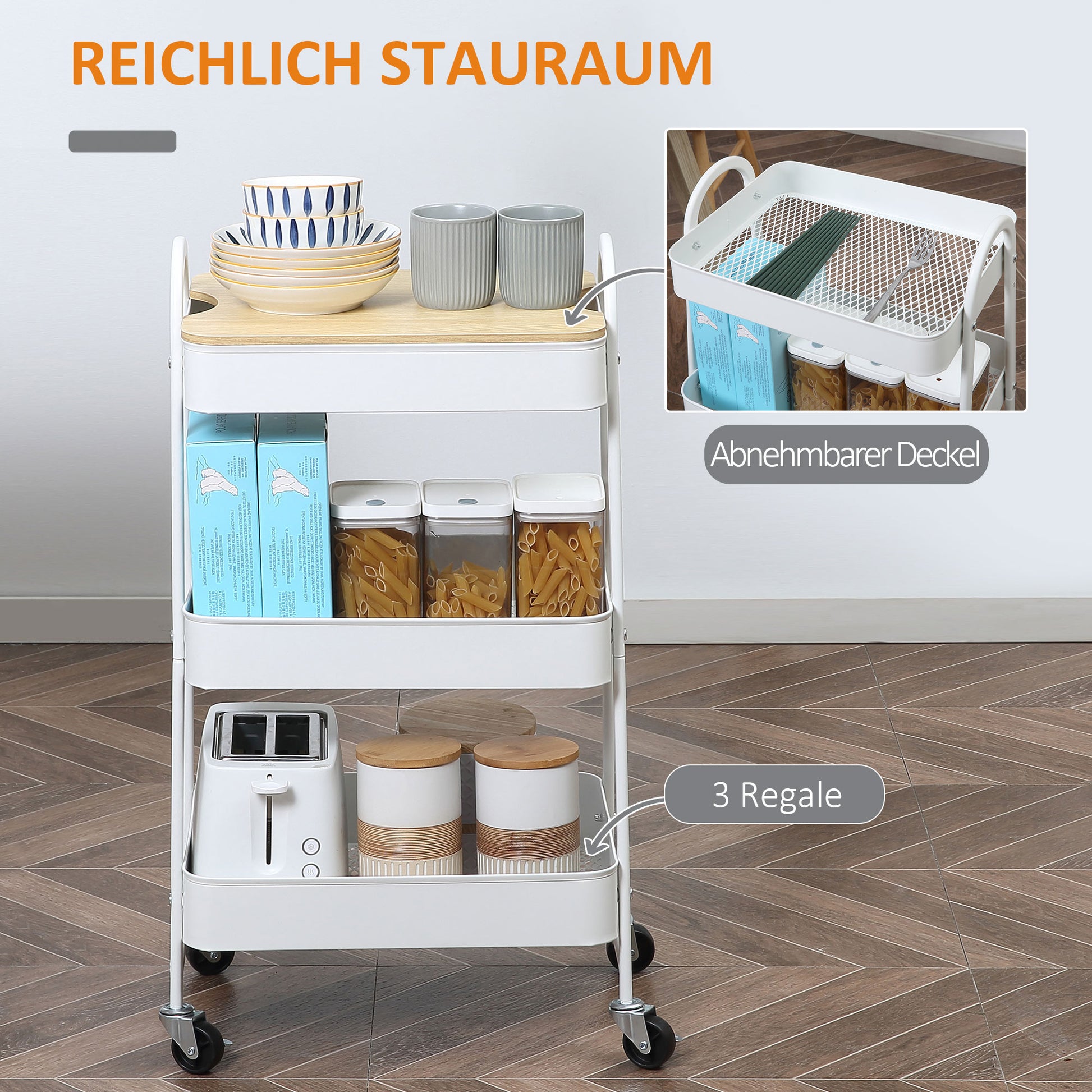 Serving Cart with 3 Levels Kitchen Trolley with Wheels Kitchen Shelf with Basket and Lid Rolling Cart Utility Cart for Kitchen Office Bathroom, White
