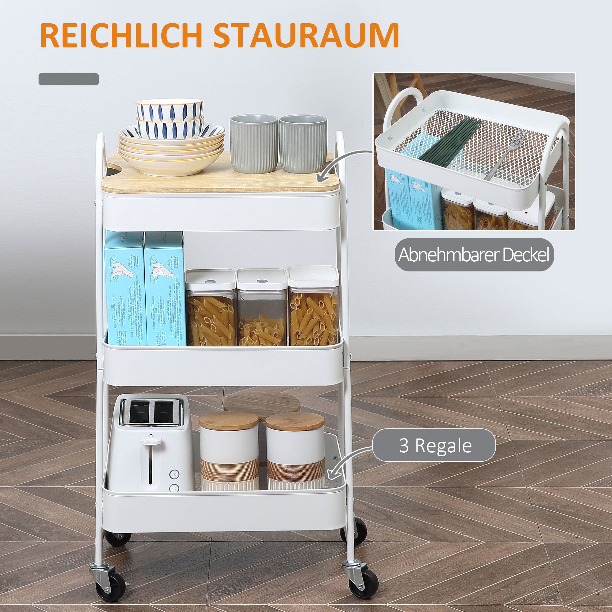 Serving Cart with 3 Levels Kitchen Trolley with Wheels Kitchen Shelf with Basket and Lid Rolling Cart Utility Cart for Kitchen Office Bathroom, White