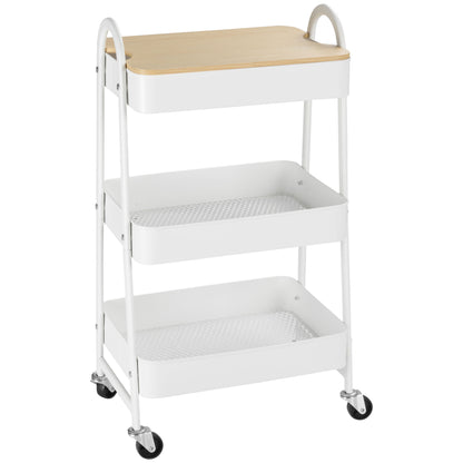 Serving Cart with 3 Levels Kitchen Trolley with Wheels Kitchen Shelf with Basket and Lid Rolling Cart Utility Cart for Kitchen Office Bathroom, White