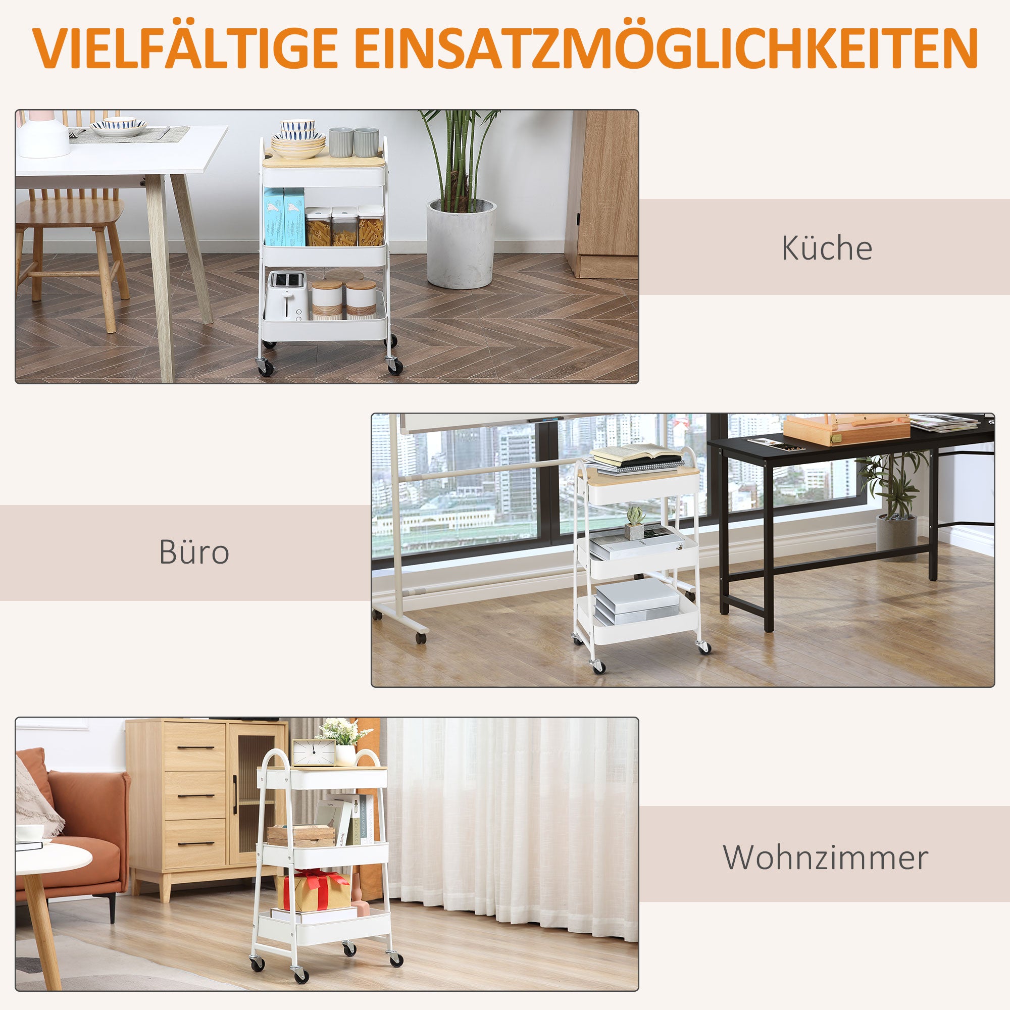Serving Cart with 3 Levels Kitchen Trolley with Wheels Kitchen Shelf with Basket and Lid Rolling Cart Utility Cart for Kitchen Office Bathroom, White