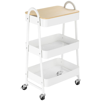 Serving Cart with 3 Levels Kitchen Trolley with Wheels Kitchen Shelf with Basket and Lid Rolling Cart Utility Cart for Kitchen Office Bathroom, White