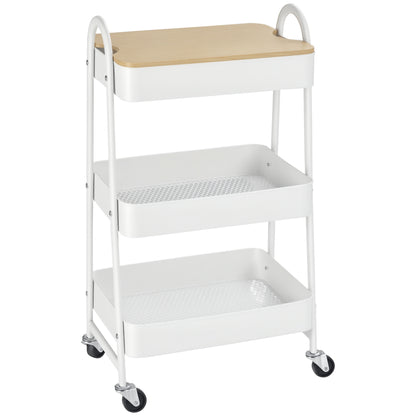 Serving Cart with 3 Levels Kitchen Trolley with Wheels Kitchen Shelf with Basket and Lid Rolling Cart Utility Cart for Kitchen Office Bathroom, White