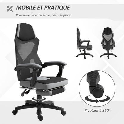 Office Chair Gaming Chair Adjustable Height Swivel Casters Footrest Mesh Fabric 58L x 63W x 112-122H cm Gray Black