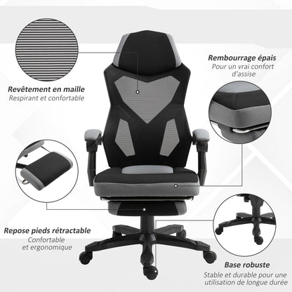 Office Chair Gaming Chair Adjustable Height Swivel Casters Footrest Mesh Fabric 58L x 63W x 112-122H cm Gray Black
