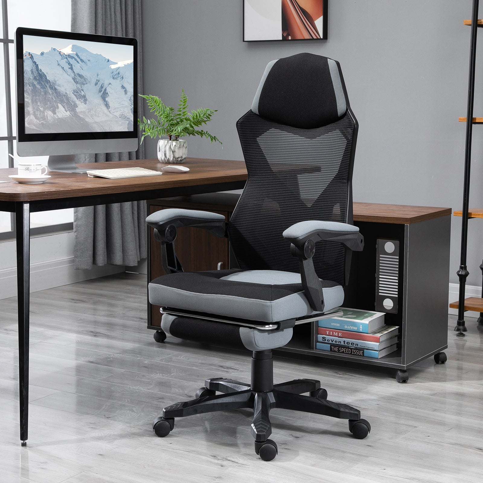 Office Chair Gaming Chair Adjustable Height Swivel Casters Footrest Mesh Fabric 58L x 63W x 112-122H cm Gray Black