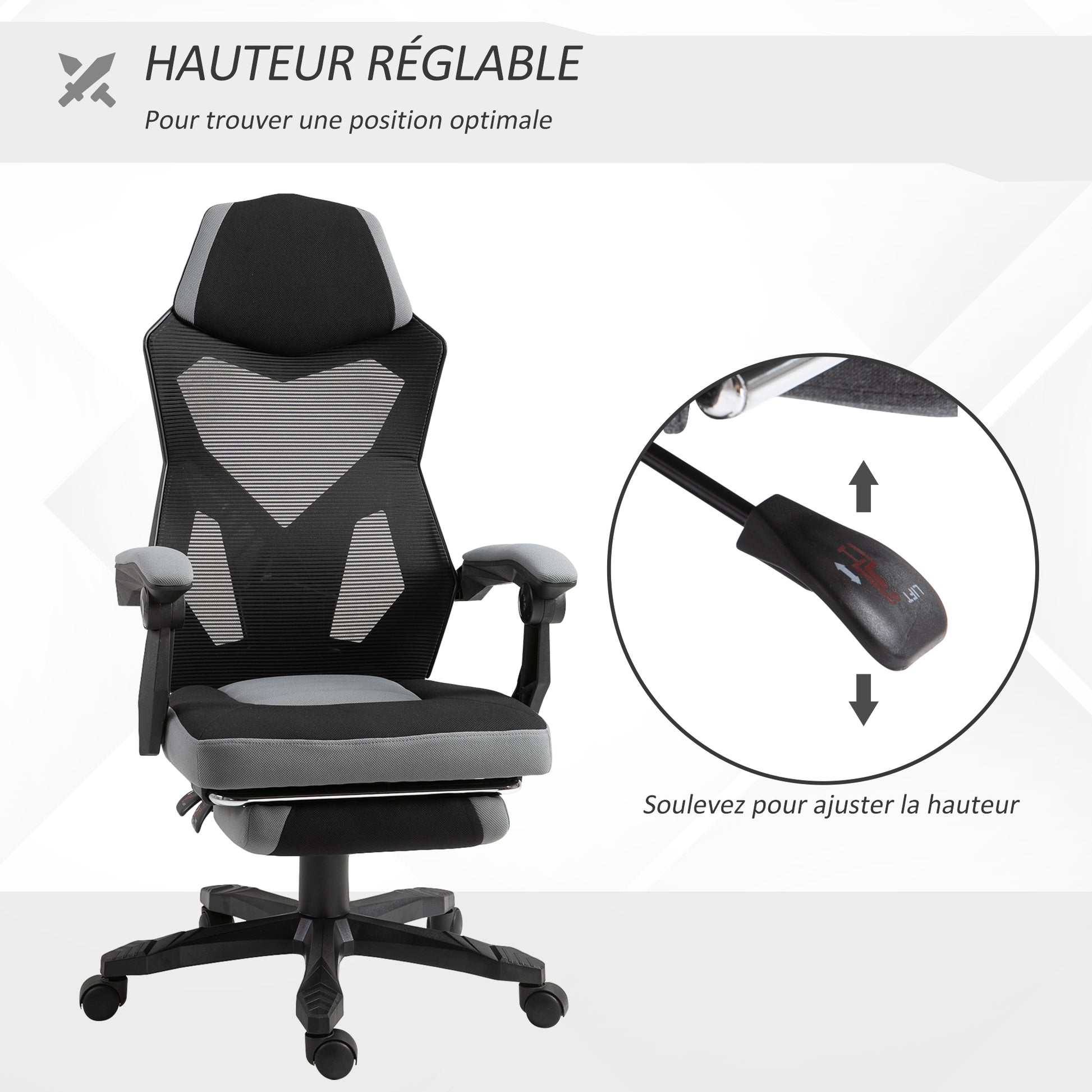 Office Chair Gaming Chair Adjustable Height Swivel Casters Footrest Mesh Fabric 58L x 63W x 112-122H cm Gray Black