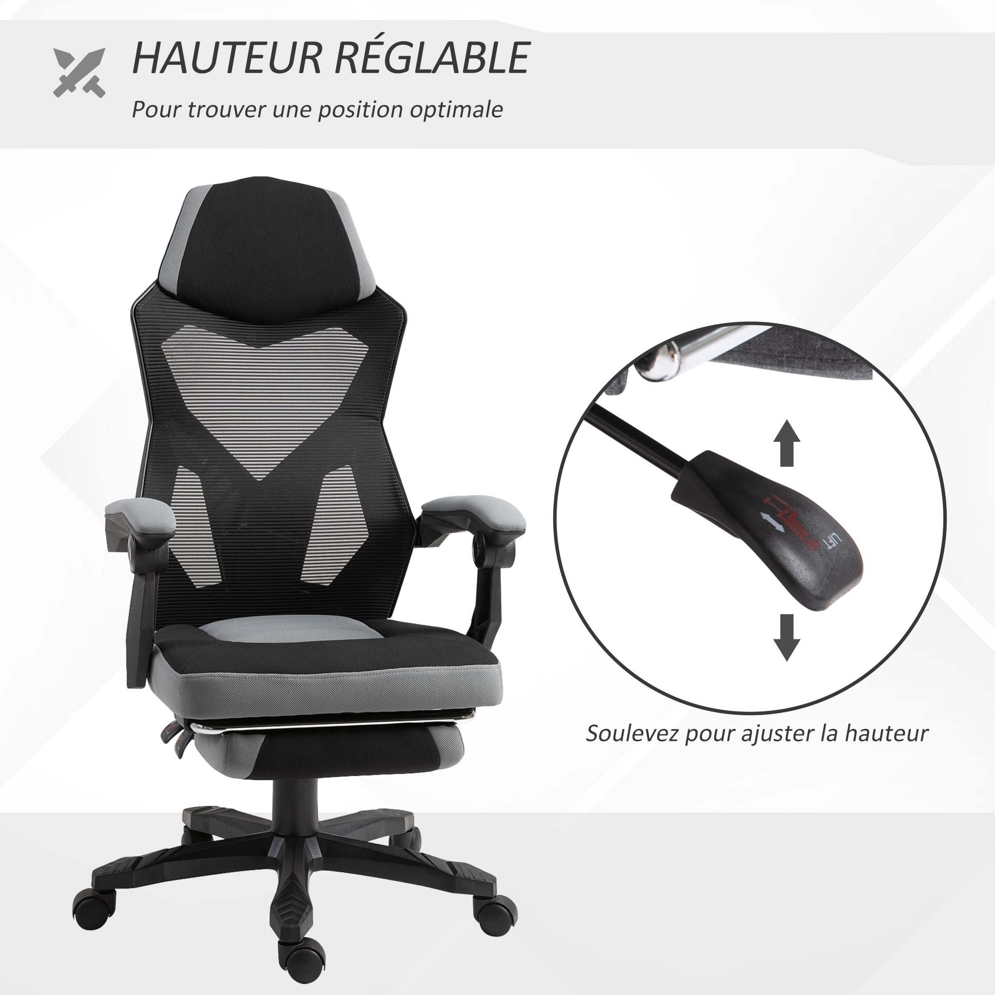 Office Chair Gaming Chair Adjustable Height Swivel Casters Footrest Mesh Fabric 58L x 63W x 112-122H cm Gray Black