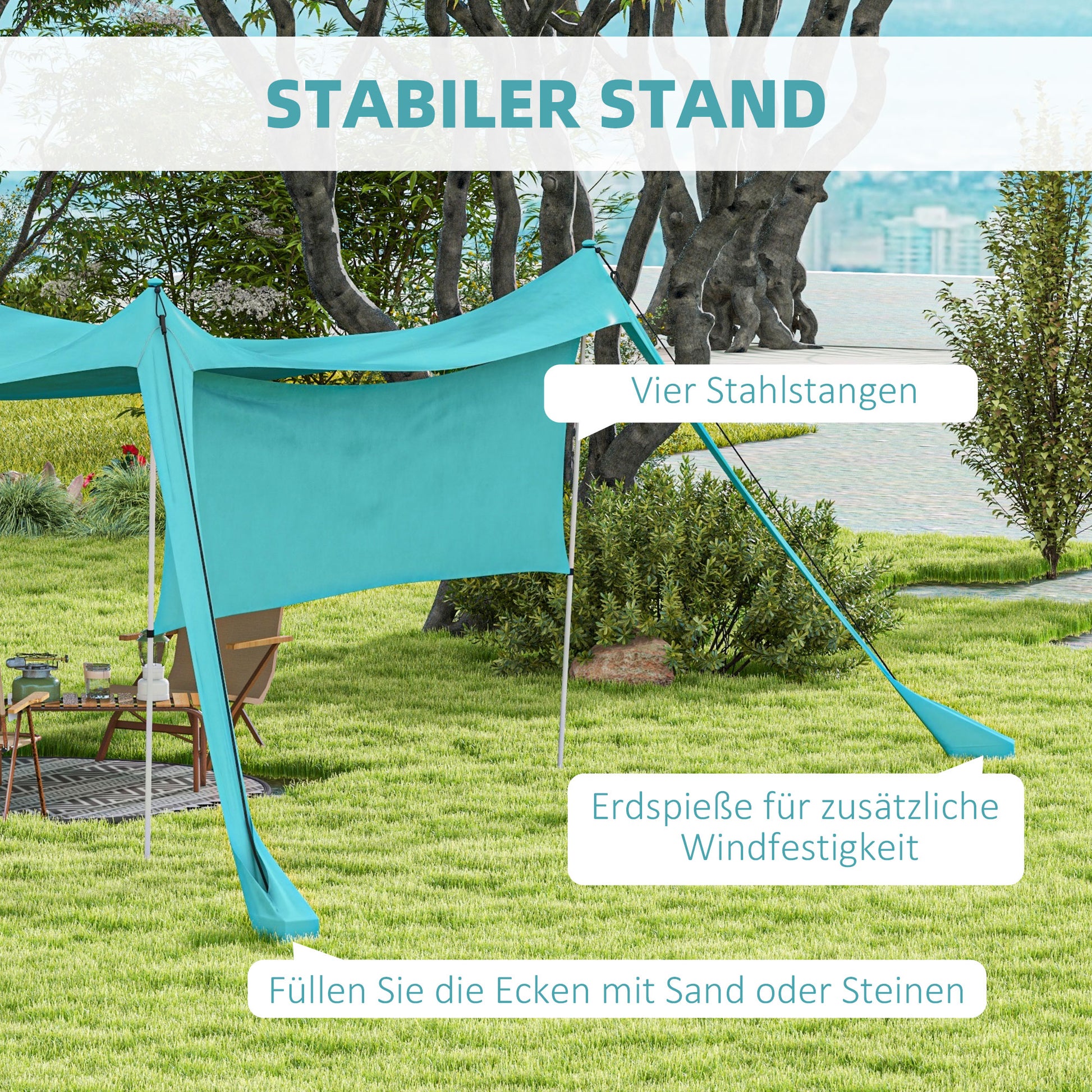 Sunshade Sail Sun Sail Waterproof Weather Protection with Steel Poles, Shovel, Carry Bag, for Camping, Travel, Picnics 3 x 3 x 2 m, Sky Blue