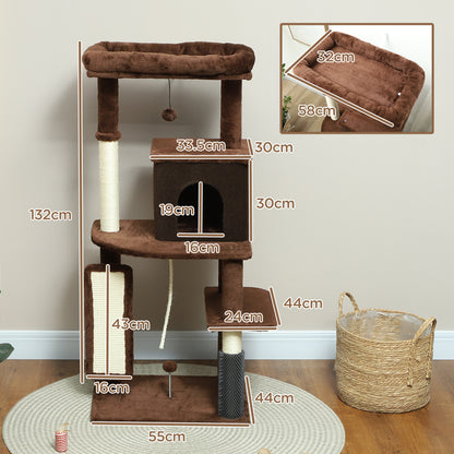 Cat Scratching Tree Height 132 cm Cat Tree Cat Tower with Platforms Post with Brush Hanging Balls and Scratching Pad Brown