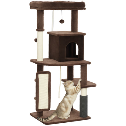 Cat Scratching Tree Height 132 cm Cat Tree Cat Tower with Platforms Post with Brush Hanging Balls and Scratching Pad Brown