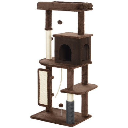Cat Scratching Tree Height 132 cm Cat Tree Cat Tower with Platforms Post with Brush Hanging Balls and Scratching Pad Brown