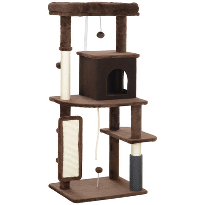 Cat Scratching Tree Height 132 cm Cat Tree Cat Tower with Platforms Post with Brush Hanging Balls and Scratching Pad Brown