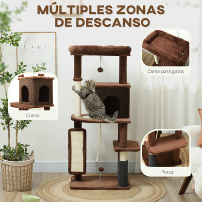 Cat Scratching Tree Height 132 cm Cat Tree Cat Tower with Platforms Post with Brush Hanging Balls and Scratching Pad Brown