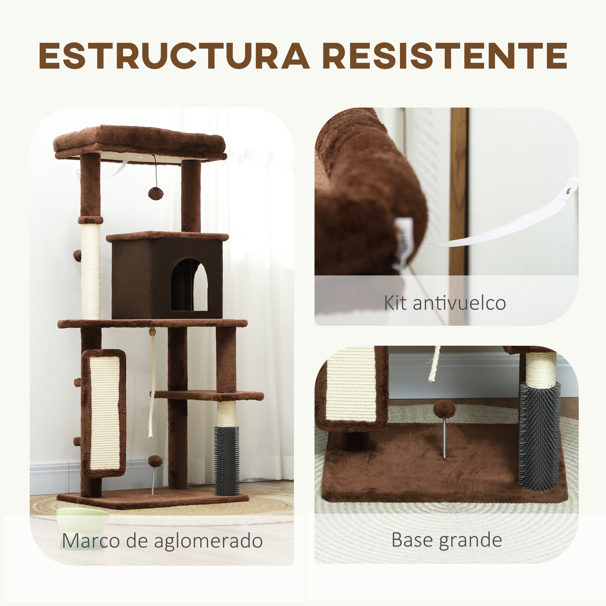 Cat Scratching Tree Height 132 cm Cat Tree Cat Tower with Platforms Post with Brush Hanging Balls and Scratching Pad Brown