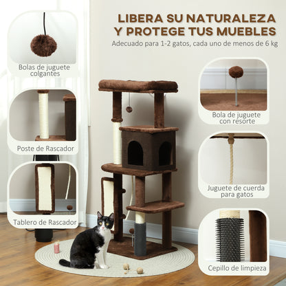 Cat Scratching Tree Height 132 cm Cat Tree Cat Tower with Platforms Post with Brush Hanging Balls and Scratching Pad Brown