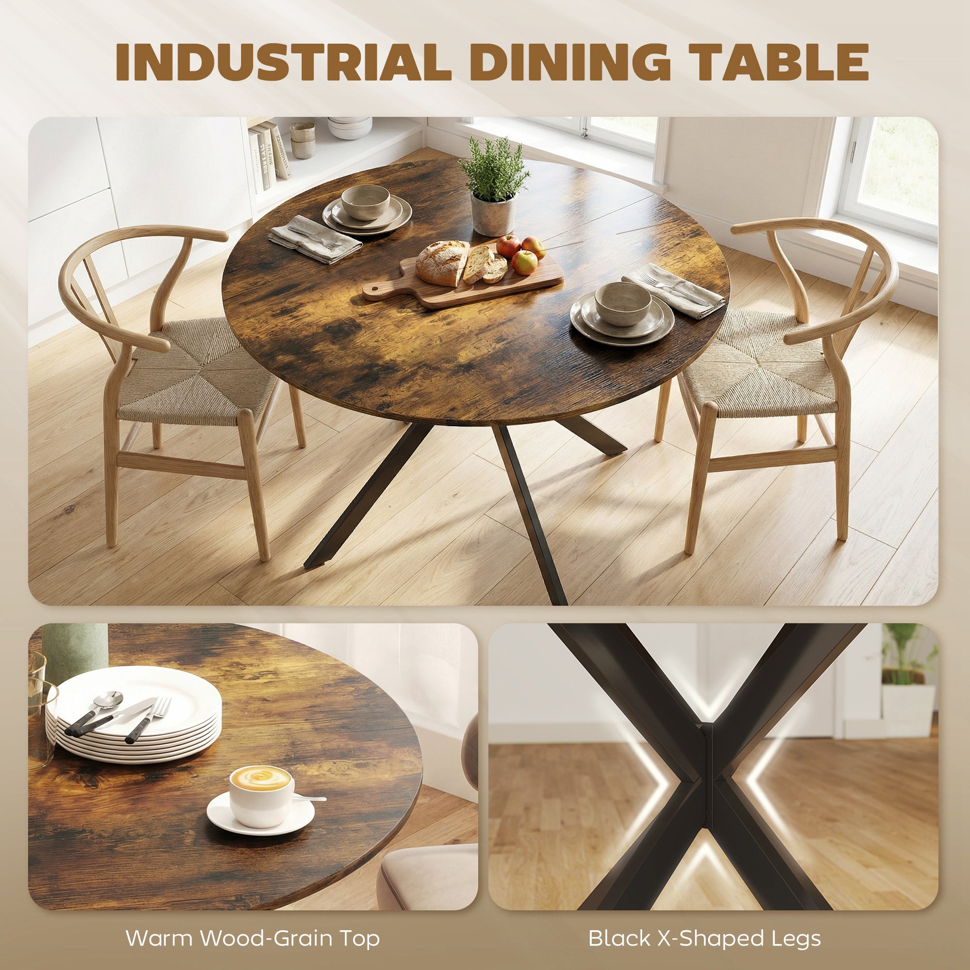 Round Dining Table for 4, Ø120 cm (47.2") Industrial Style with Steel X-Legs, Rustic Brown
