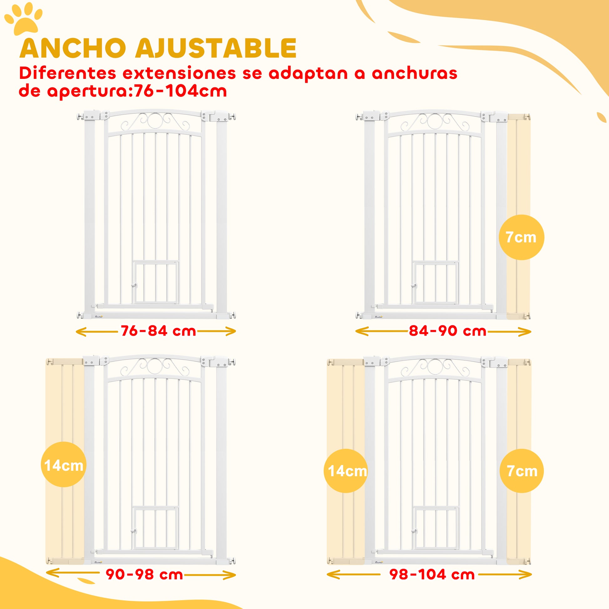 Dog Barrier Dog Gate 76-104 cm Safety Gate for Dogs with 2 Extensions 7/14 cm and Double Locking for Stairs and Doors White