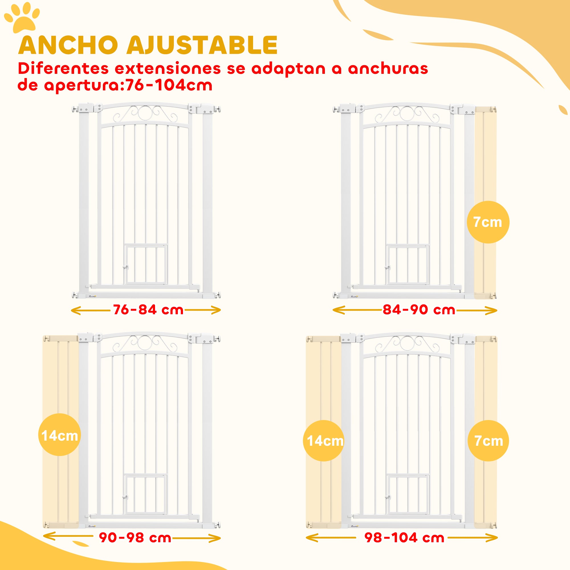 Dog Barrier Dog Gate 76-104 cm Safety Gate for Dogs with 2 Extensions 7/14 cm and Double Locking for Stairs and Doors White