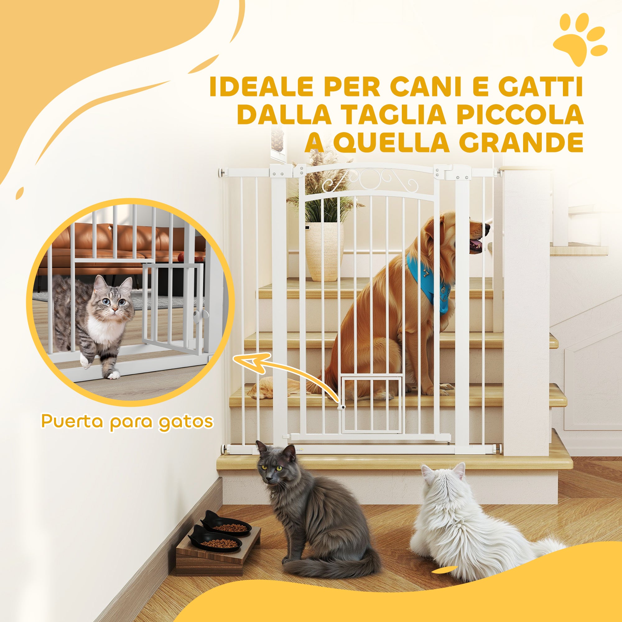 Dog Barrier Dog Gate 76-104 cm Safety Gate for Dogs with 2 Extensions 7/14 cm and Double Locking for Stairs and Doors White