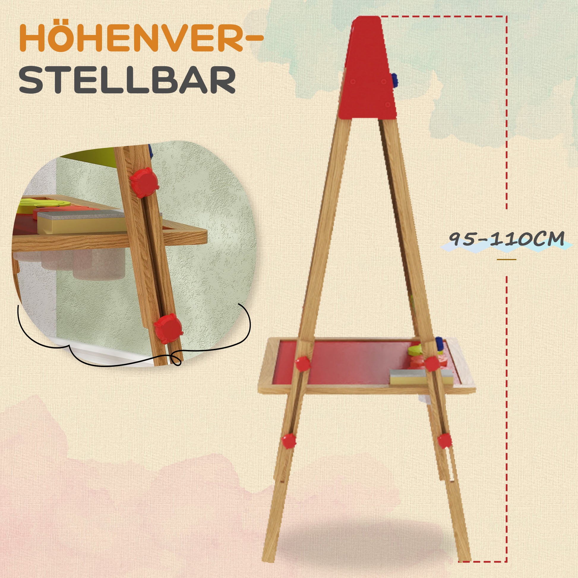 3-in-1 Children's Board adjustable in height, double-sided children’s easel with storage, easel with paint cups, eraser, drawing paper, for children 3-8 years, natural wood