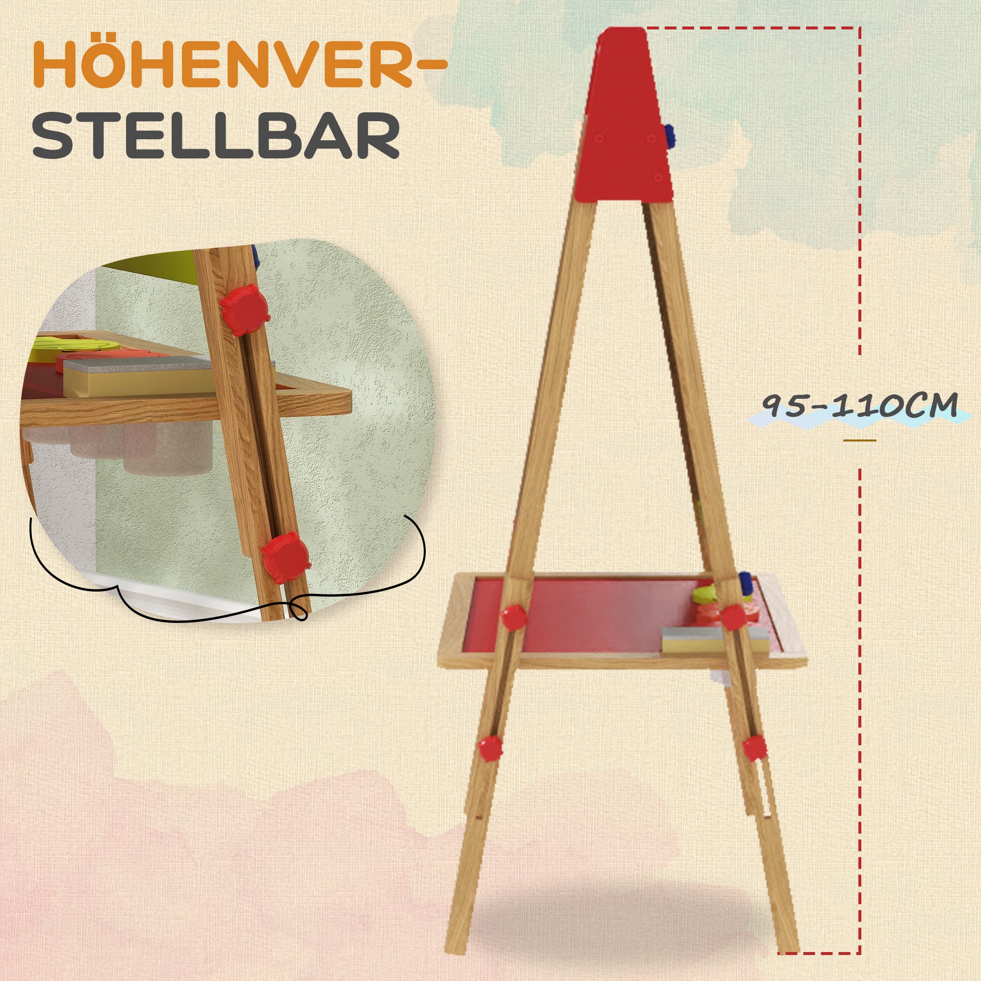 3-in-1 Children's Board adjustable in height, double-sided children’s easel with storage, easel with paint cups, eraser, drawing paper, for children 3-8 years, natural wood