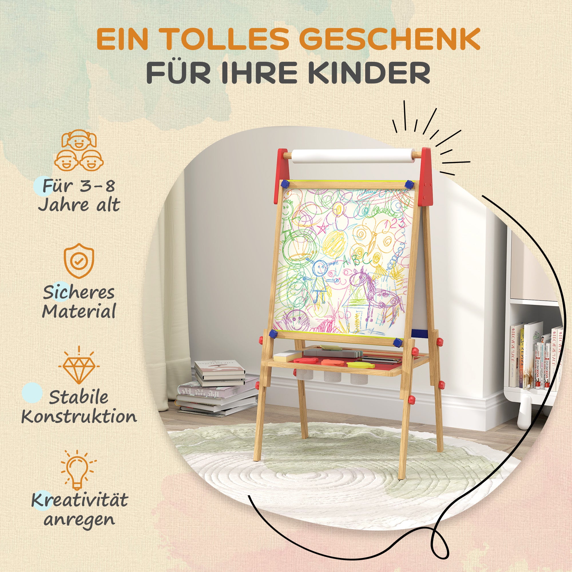 3-in-1 Children's Board adjustable in height, double-sided children’s easel with storage, easel with paint cups, eraser, drawing paper, for children 3-8 years, natural wood