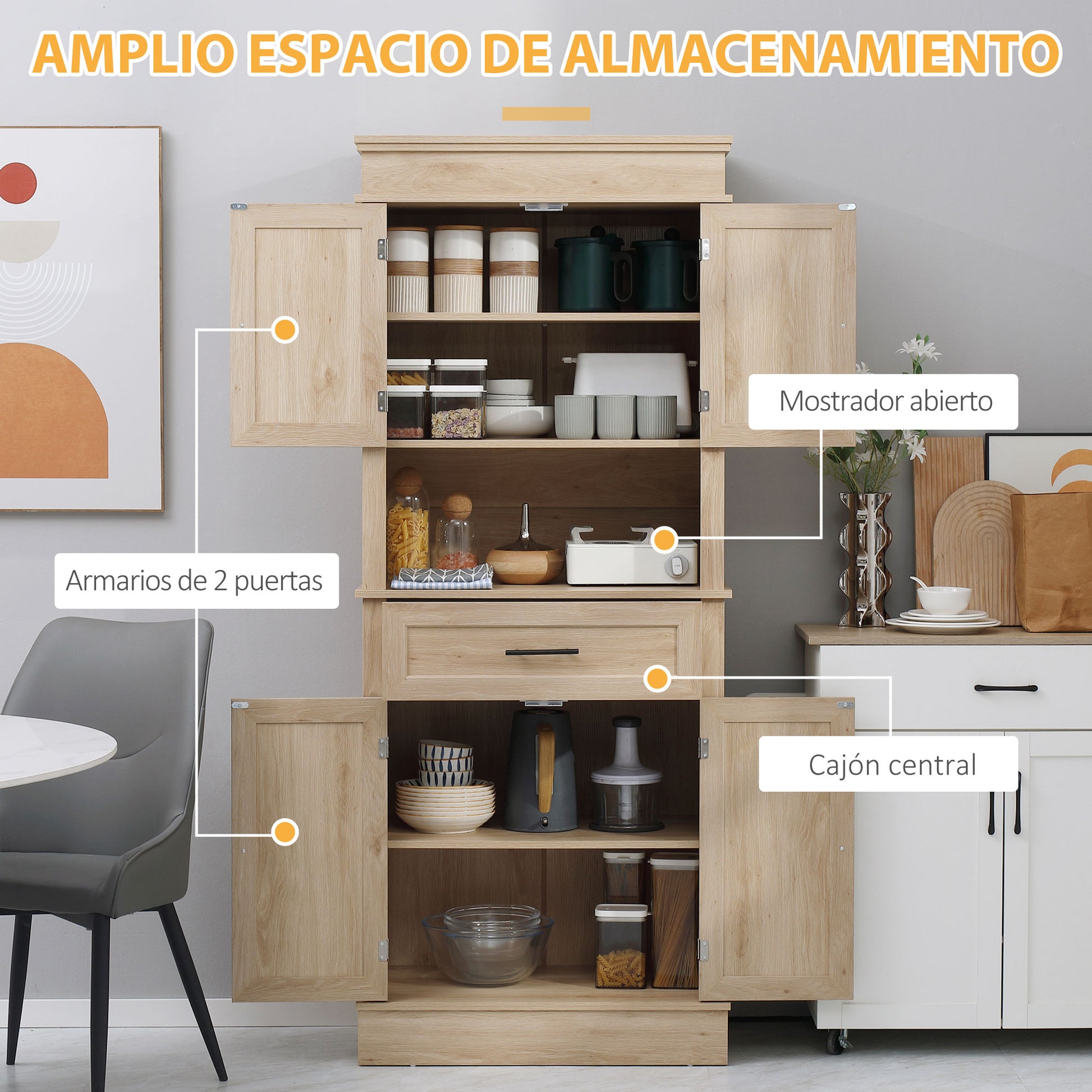 Kitchen Pantry Microwave Cabinet Sideboard Buffet Cabinet with 4 Doors 1 Drawer and Open Shelf for Living Room 74x39.5x183 cm Oak