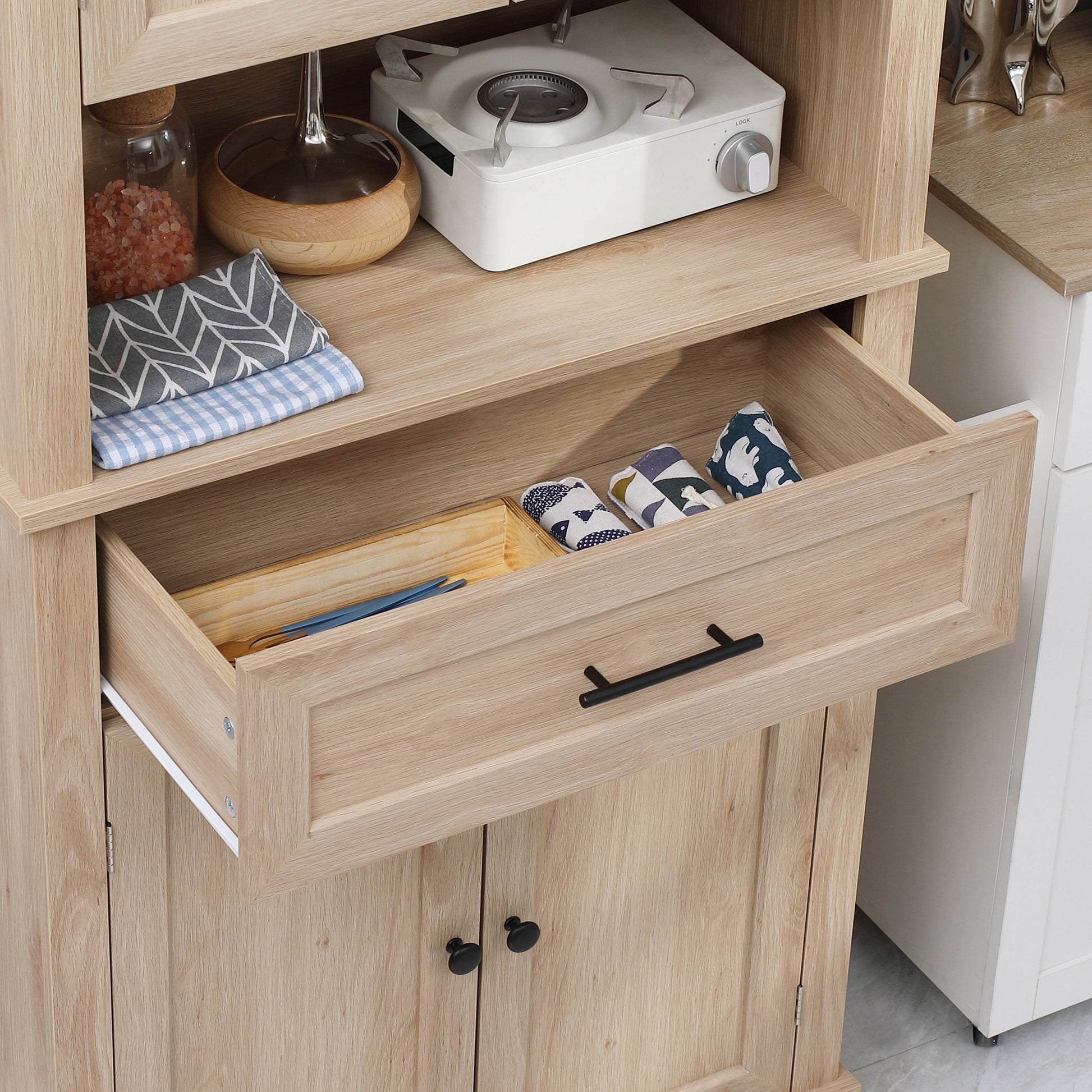 Kitchen Pantry Microwave Cabinet Sideboard Buffet Cabinet with 4 Doors 1 Drawer and Open Shelf for Living Room 74x39.5x183 cm Oak