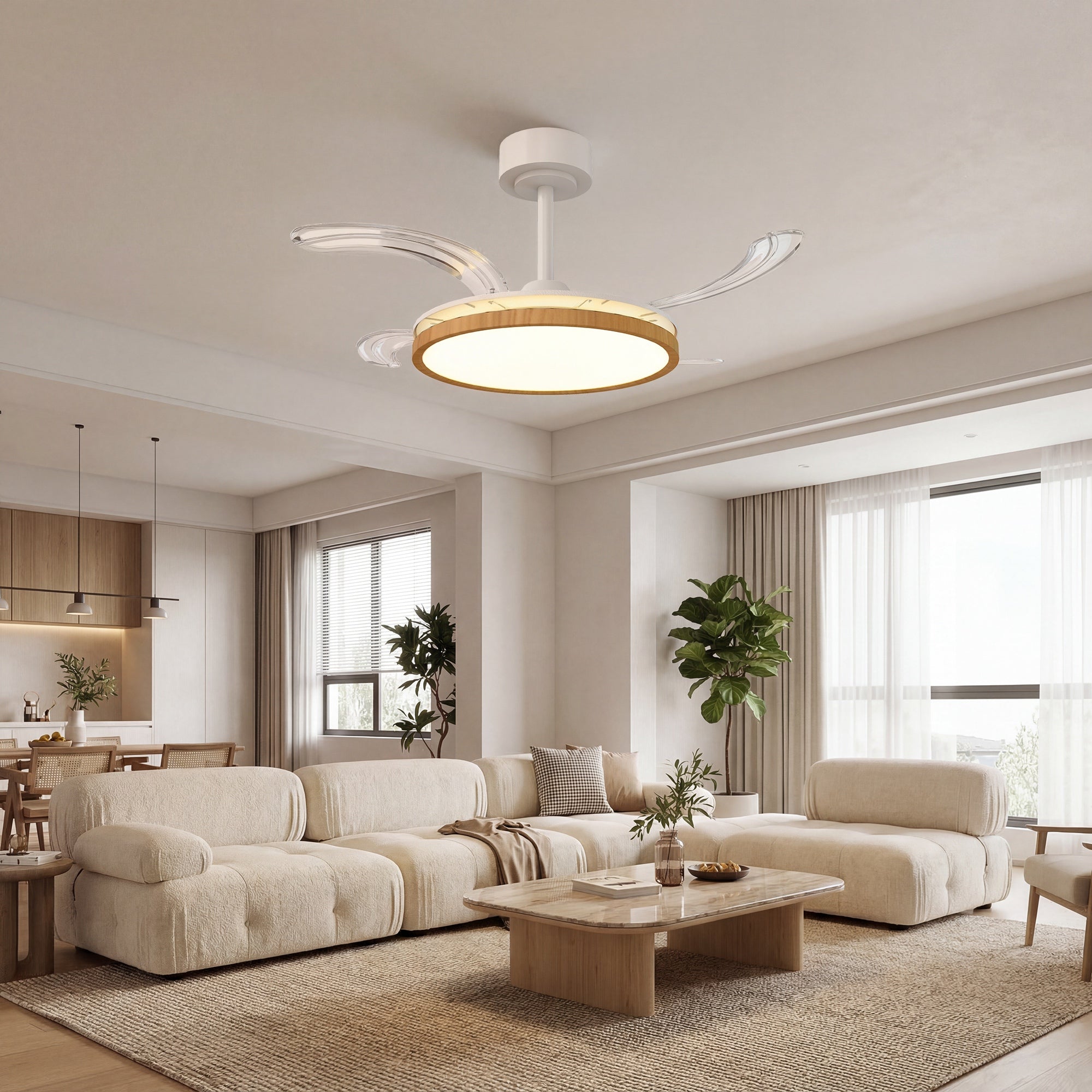 LED Ceiling Fan with Light, 80W, Reversible DC Motor, Quiet Ceiling Fan Lamp, Remote Control, 6 Speeds, 3 Color Temps, Timer, for Living Room, Ø95 cm (37.4 in), Natural