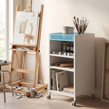 4-Tier Rolling Bookshelf with Top Basket & Adjustable Shelves, White
