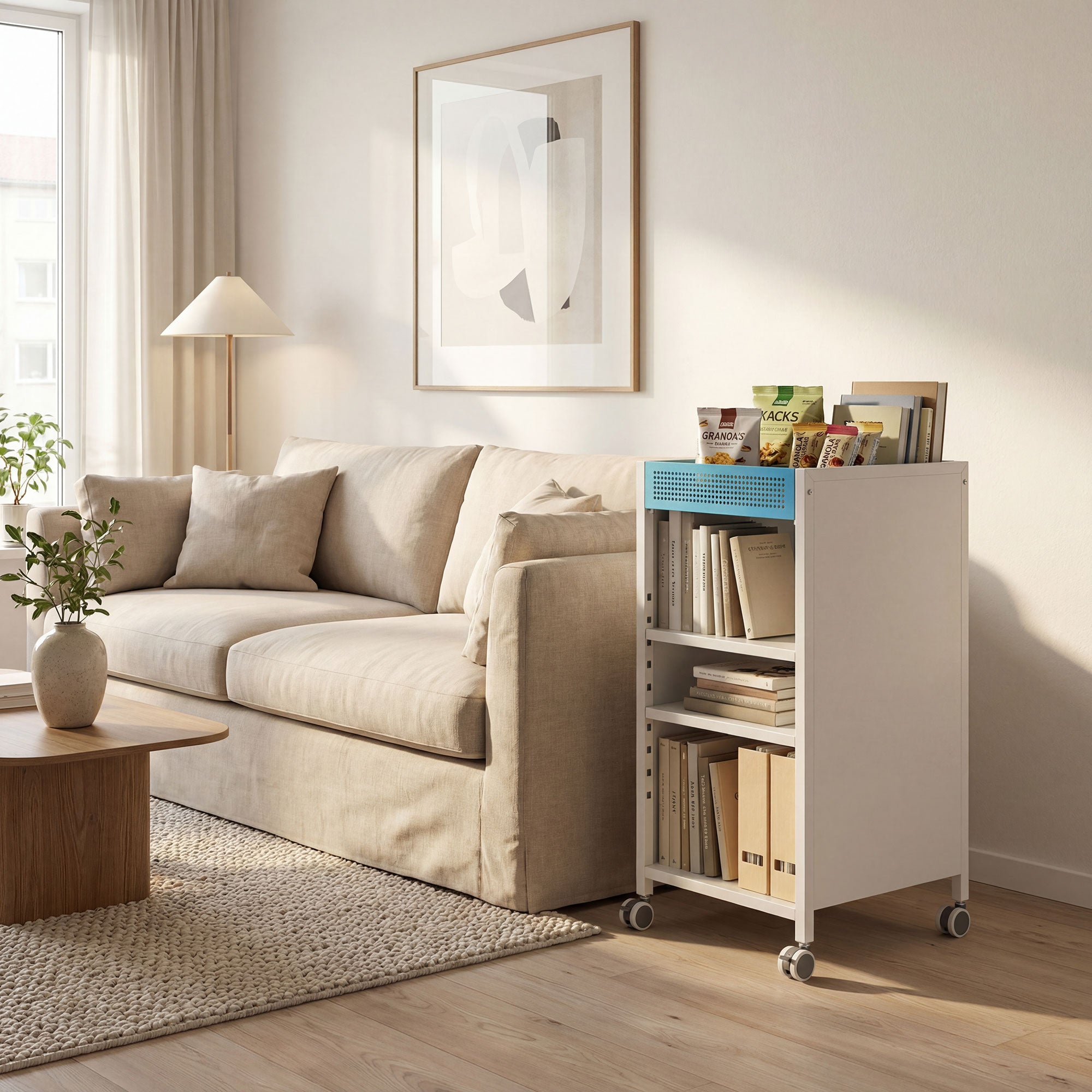 4-Tier Rolling Bookshelf with Top Basket & Adjustable Shelves, White