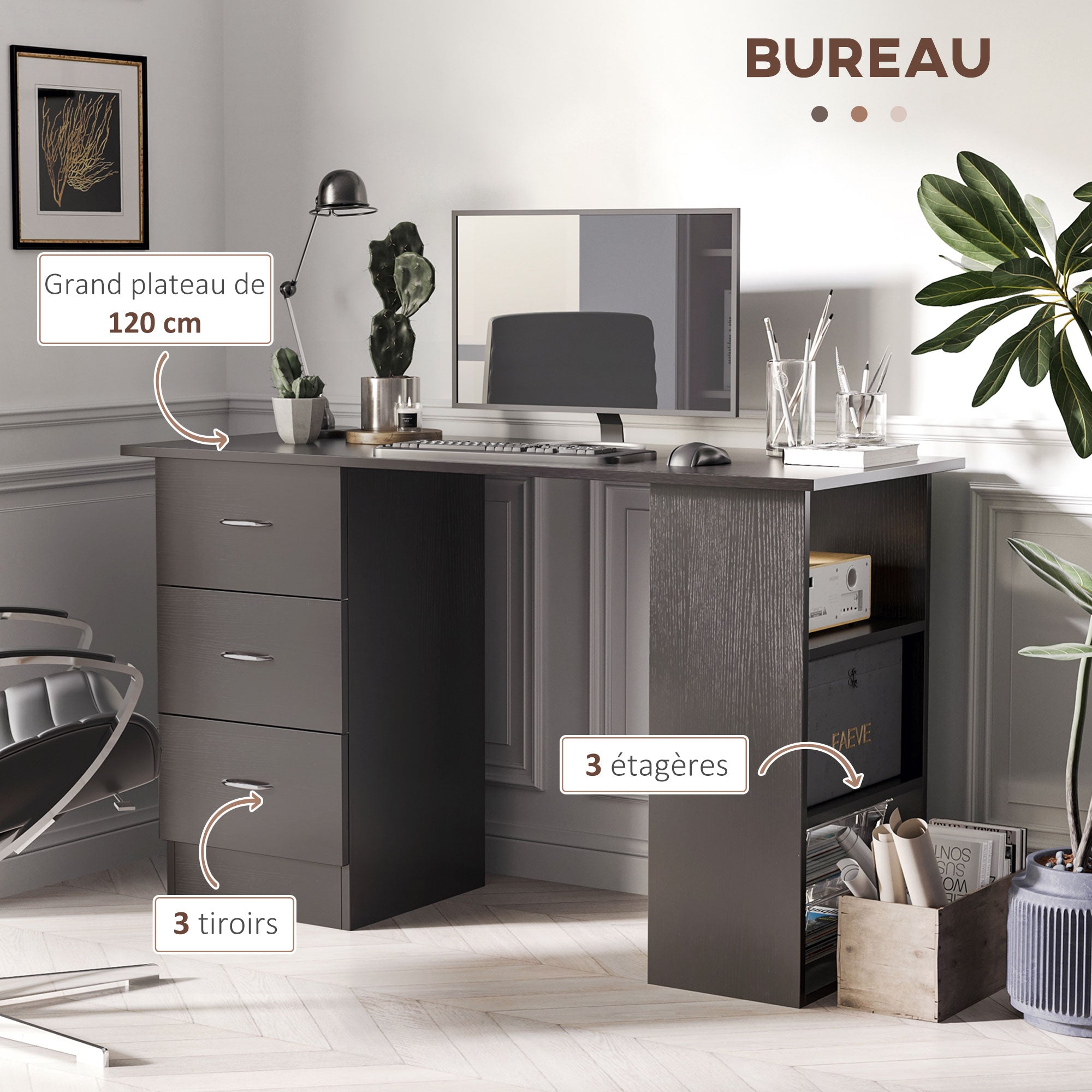 Desk with Storage, Computer Table 120 x 50 cm, Computer Desk with Shelves and Drawers, for Small Spaces, Bedroom, Black
