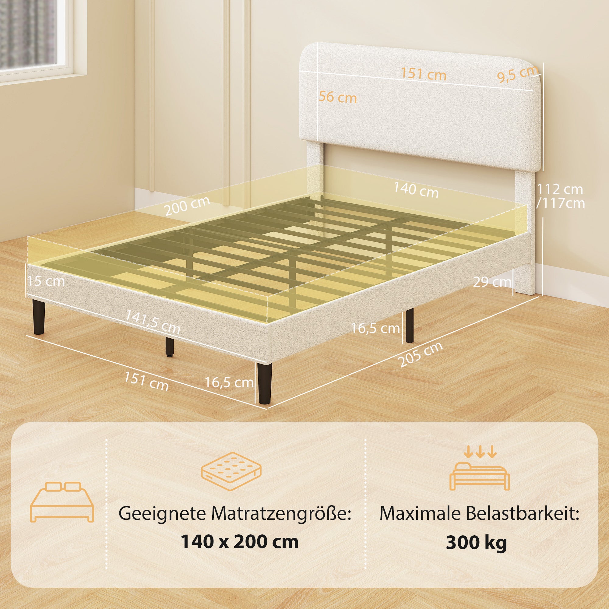 Upholstered Platform Bed 140 x 200 cm (55 x 79 in) with Adjustable Padded Teddy-Fleece Headboard — Metal Frame, White