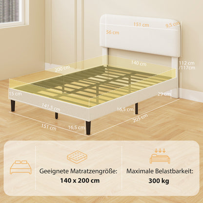 Upholstered Platform Bed 140 x 200 cm (55 x 79 in) with Adjustable Padded Teddy-Fleece Headboard — Metal Frame, White