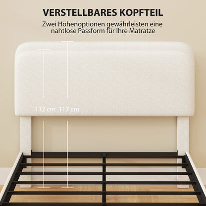 Upholstered Platform Bed 140 x 200 cm (55 x 79 in) with Adjustable Padded Teddy-Fleece Headboard — Metal Frame, White