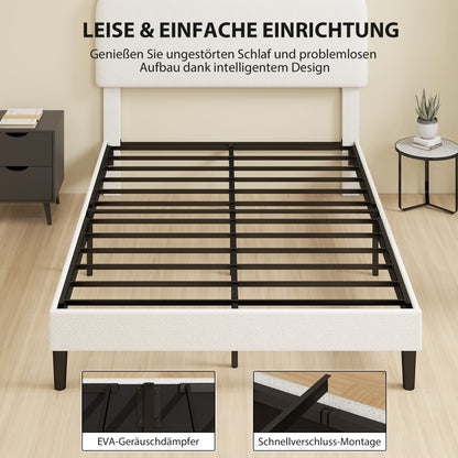 Upholstered Platform Bed 140 x 200 cm (55 x 79 in) with Adjustable Padded Teddy-Fleece Headboard — Metal Frame, White