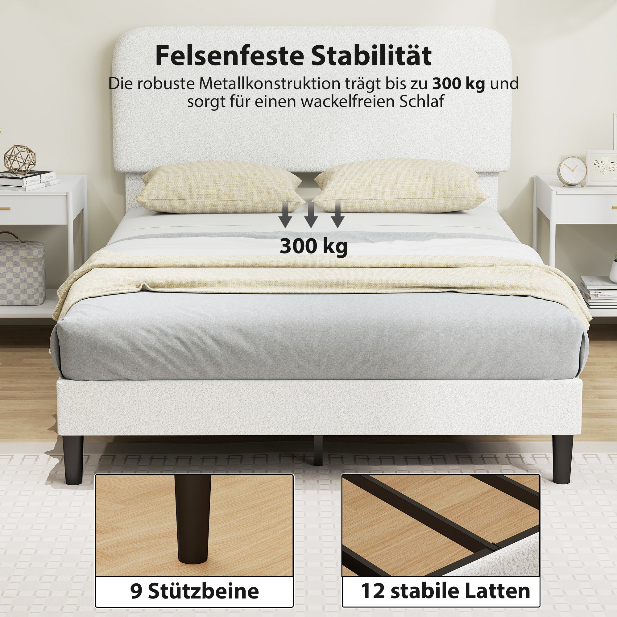 Upholstered Platform Bed 140 x 200 cm (55 x 79 in) with Adjustable Padded Teddy-Fleece Headboard — Metal Frame, White
