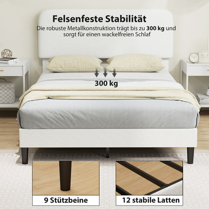 Upholstered Platform Bed 140 x 200 cm (55 x 79 in) with Adjustable Padded Teddy-Fleece Headboard — Metal Frame, White