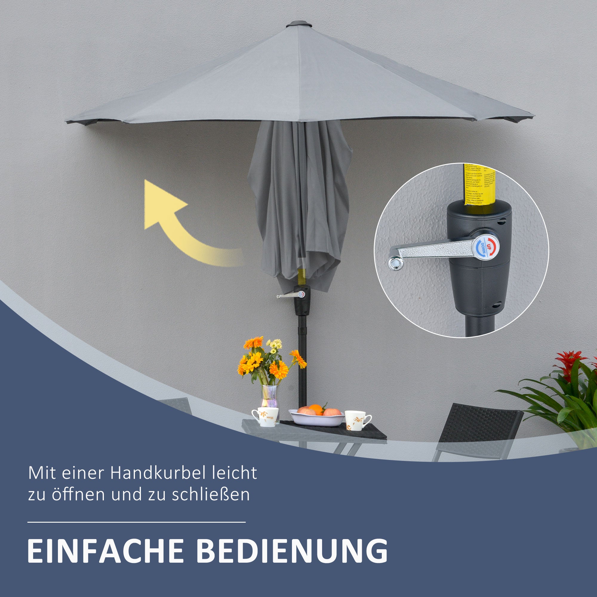 2 x 2 m Half-Round Sun Umbrella Balcony Umbrella with Bracket water-repellent for Gardens Terraces Yards 100% Polyester Dark Gray