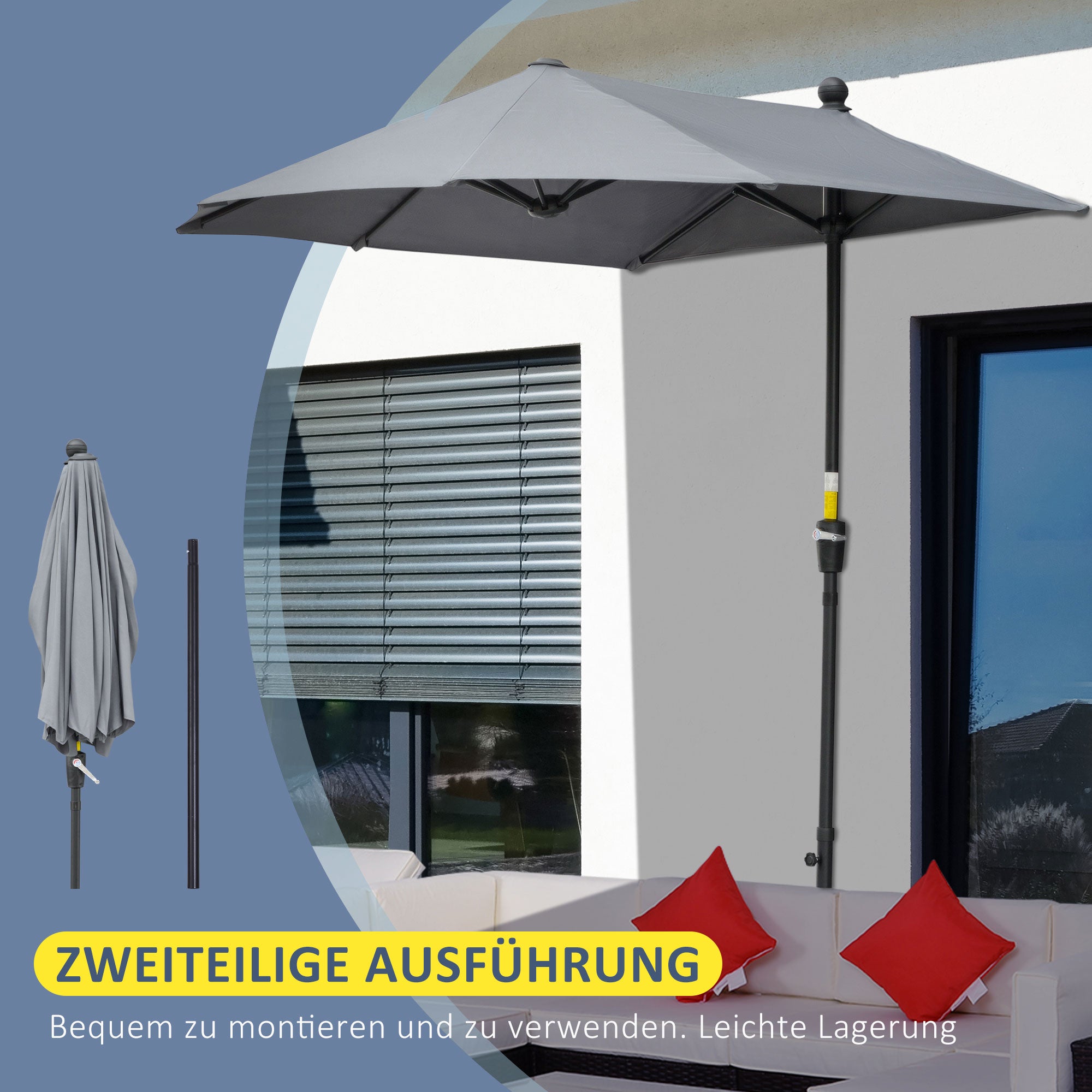 2 x 2 m Half-Round Sun Umbrella Balcony Umbrella with Bracket water-repellent for Gardens Terraces Yards 100% Polyester Dark Gray