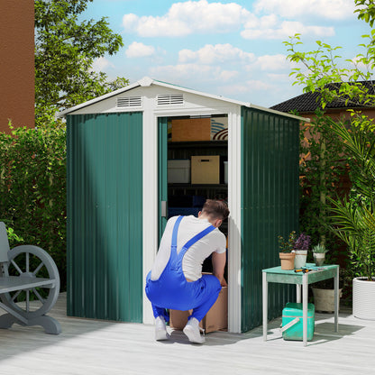 1.7m² Garden Shed in Galvanized Steel with 4 Air Vents, Tool Shed with Sloping Roof, Sliding Door, 152x132x188 cm, Green
