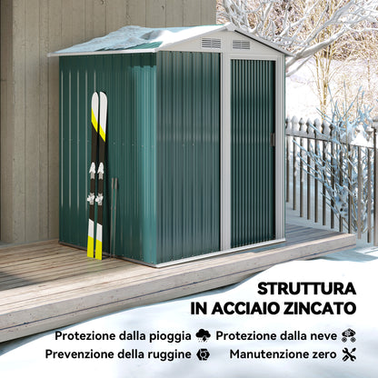 1.7m² Garden Shed in Galvanized Steel with 4 Air Vents, Tool Shed with Sloping Roof, Sliding Door, 152x132x188 cm, Green