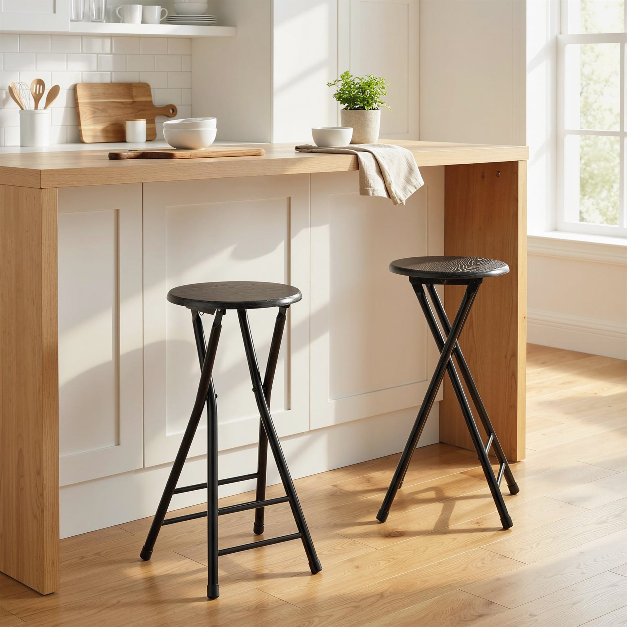Set of 2 Folding Bar Stools, Round High Kitchen Counter Stools with Dual Footrests, Wood & Steel Frame, Black