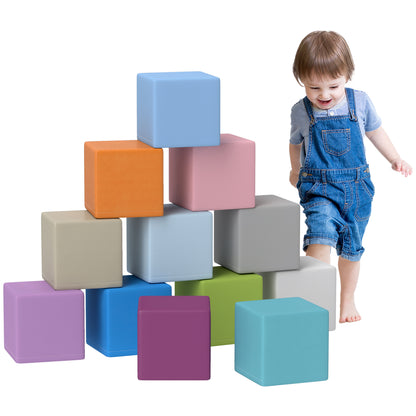 Set of 12 Soft Toy Cubes for Kids 12-36 Months, Foam Blocks for Kids, Soft Constructions in PU and EPE, 20x20x20 cm, Dark Multicolor