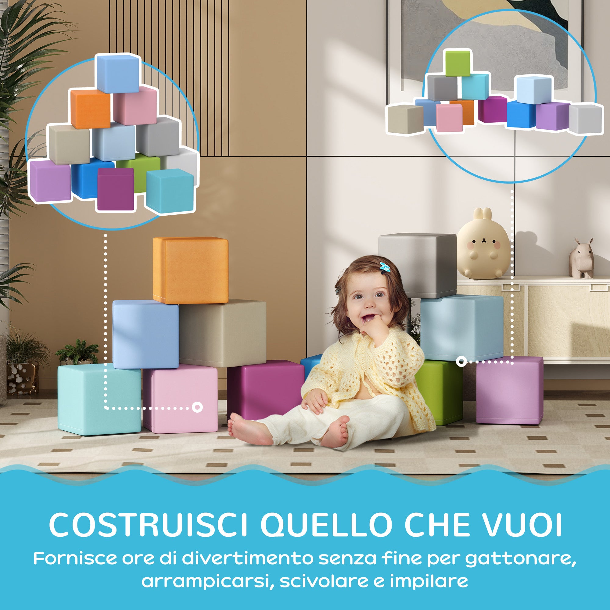 Set of 12 Soft Toy Cubes for Kids 12-36 Months, Foam Blocks for Kids, Soft Constructions in PU and EPE, 20x20x20 cm, Dark Multicolor