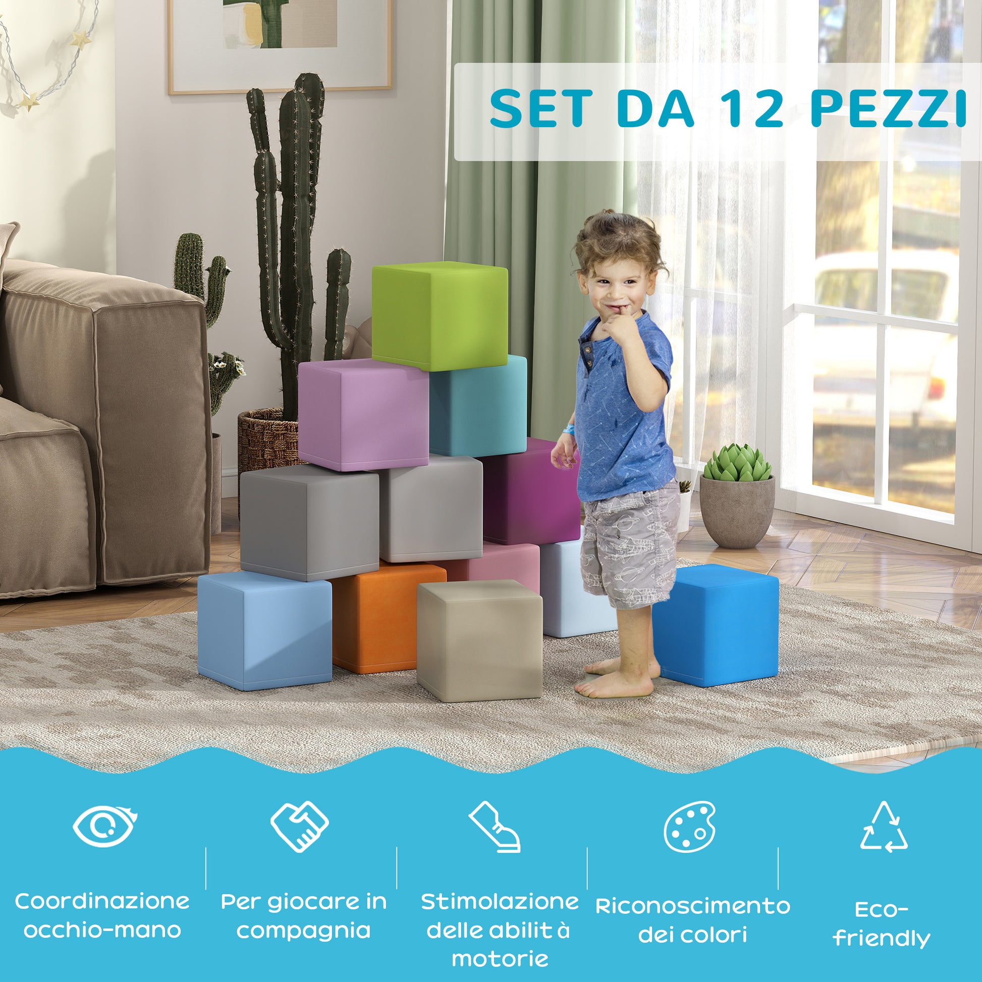 Set of 12 Soft Toy Cubes for Kids 12-36 Months, Foam Blocks for Kids, Soft Constructions in PU and EPE, 20x20x20 cm, Dark Multicolor