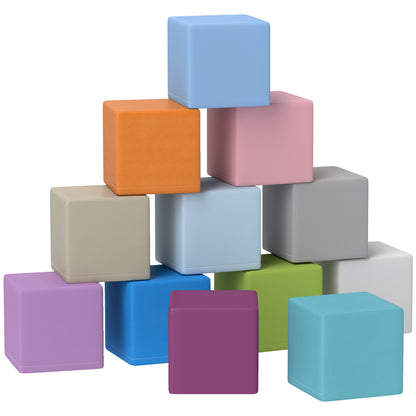 Set of 12 Soft Toy Cubes for Kids 12-36 Months, Foam Blocks for Kids, Soft Constructions in PU and EPE, 20x20x20 cm, Dark Multicolor